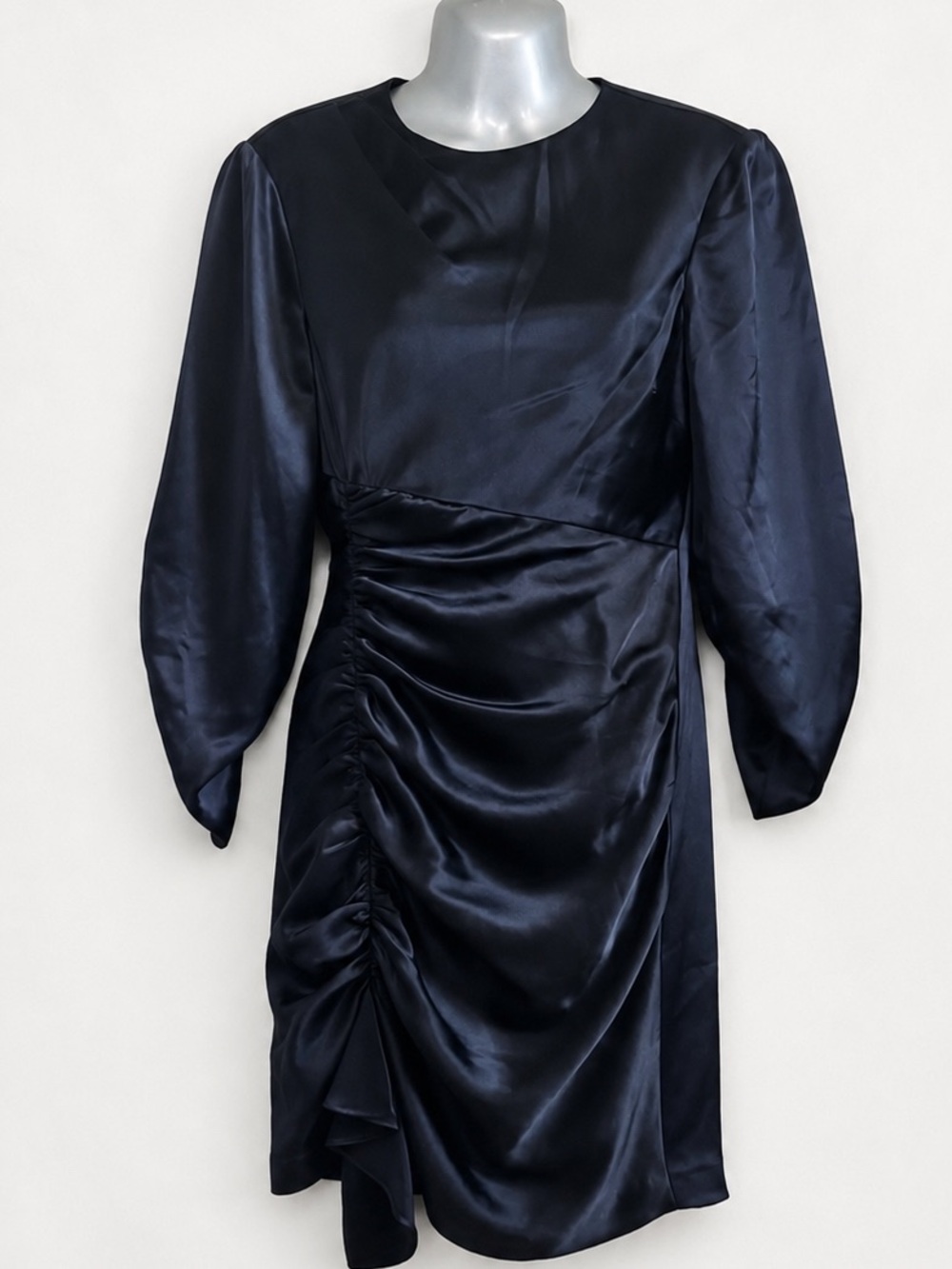 Cinq à Sept Navy Satin Ruched Cocktail Dress Size 6‎ Long Sleeve Wedding Guest